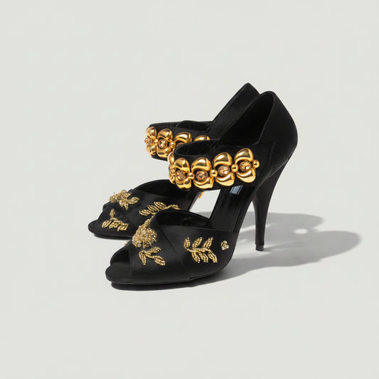 PRADA Black Satin Crystal Embellished Heels Size 36