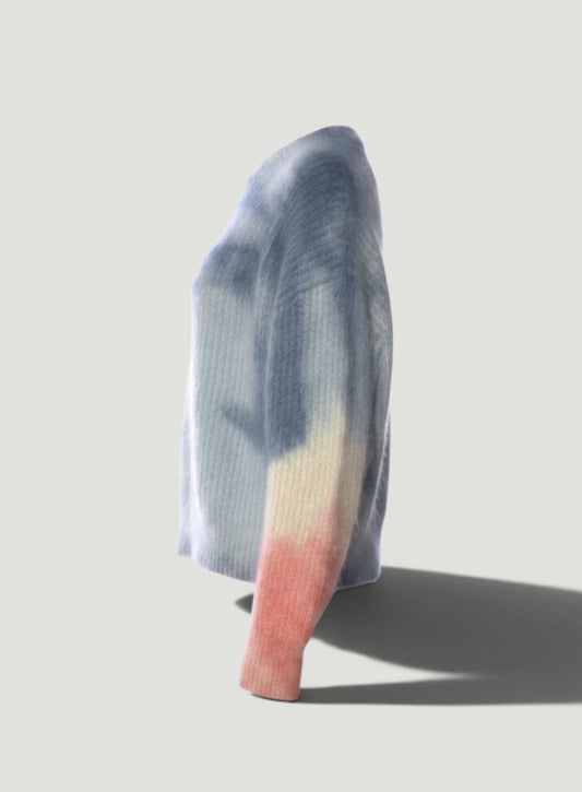 La Volta CELINE mohair cropped sweater in blue and pink tie-dye print with long sleeves and mock neck