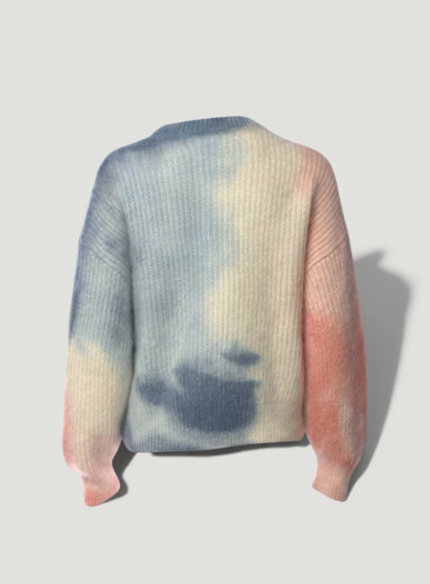 La Volta CELINE mohair cropped sweater in blue and pink tie-dye print with long sleeves and a mock neck.