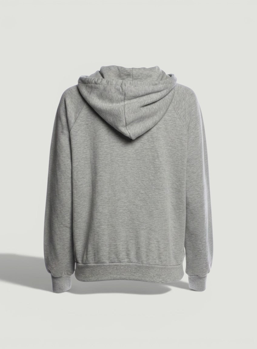 La Volta CELINE PARIS gray cotton-cashmere blend hoodie, back view showing hood and long sleeves.