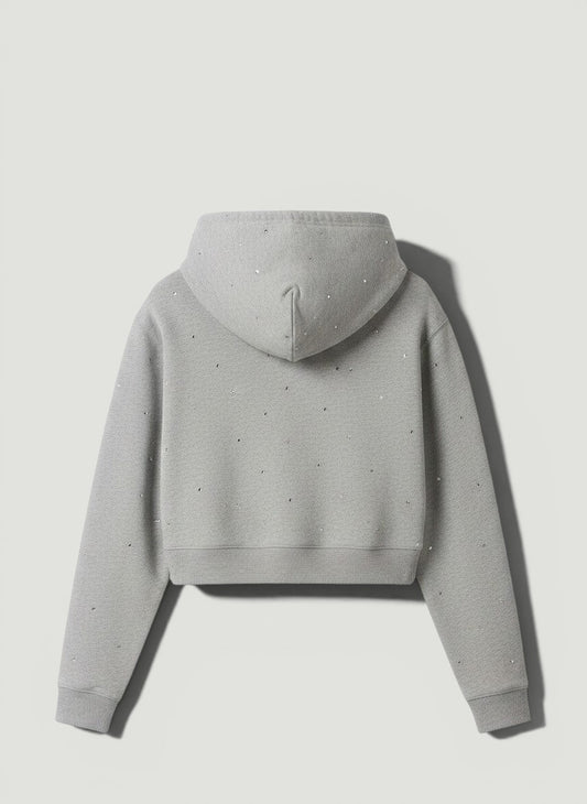La Volta MIU MIU gray cotton fleece cropped hoodie with scattered rhinestone crystal embellishments and ribbed hem.