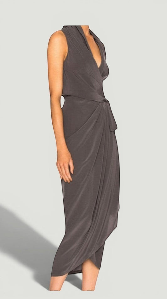 La Volta model wearing a Rick Owens grey silk sleeveless wrap dress with a v-neck and mid-length draped silhouette.