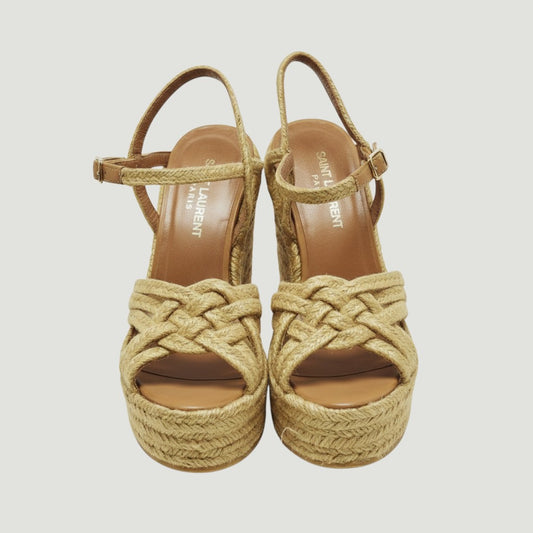 La Volta Saint Laurent neutral leather and braided jute platform wedge espadrilles with ankle buckle strap.