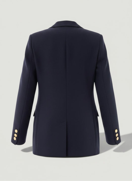 La Volta Stella McCartney navy wool blazer, back view showing single vent and gold button cuffs.