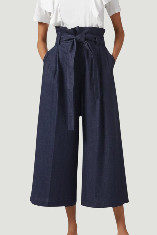 CHLOÉ Navy Linen Wide Leg Pants Size M