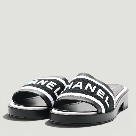 CHANEL Black Embroidered Slides Size: 37
