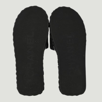 CHANEL Black Raffia CC Slides Size: 36