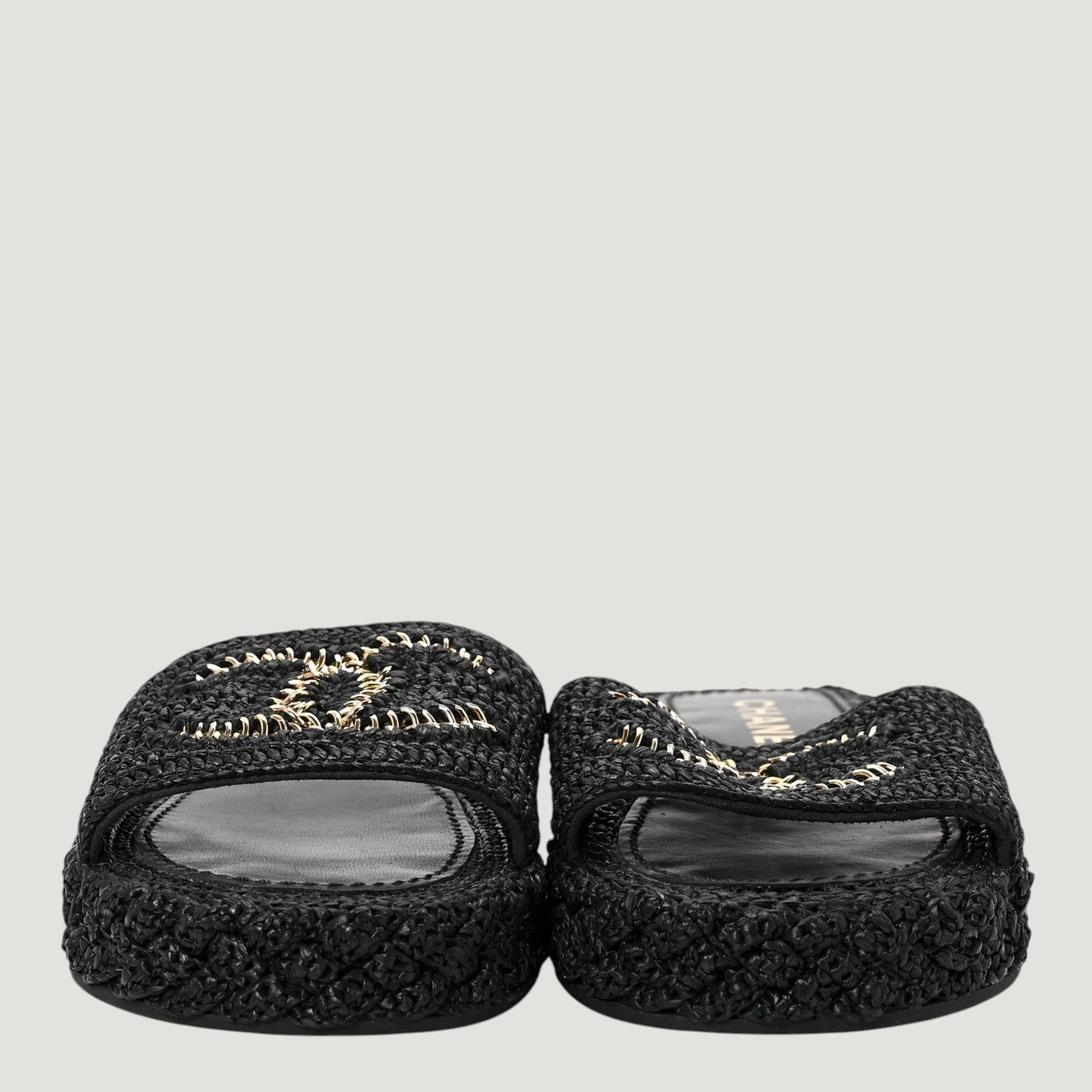CHANEL Black Raffia CC Slides Size: 36