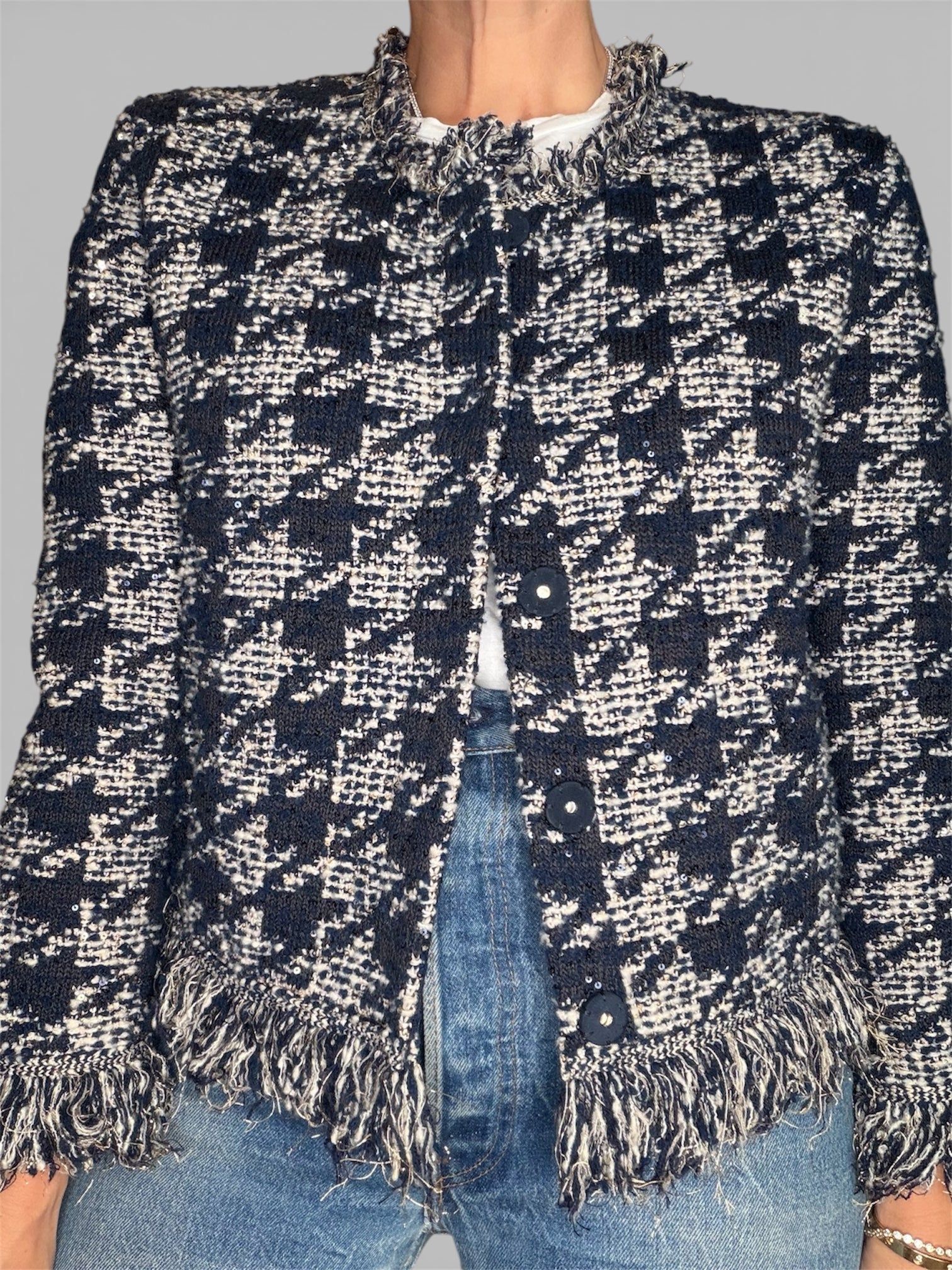 Oscar De La Renta Navy Sequin Houndstooth Crop Jacket SIZE MEDIUM