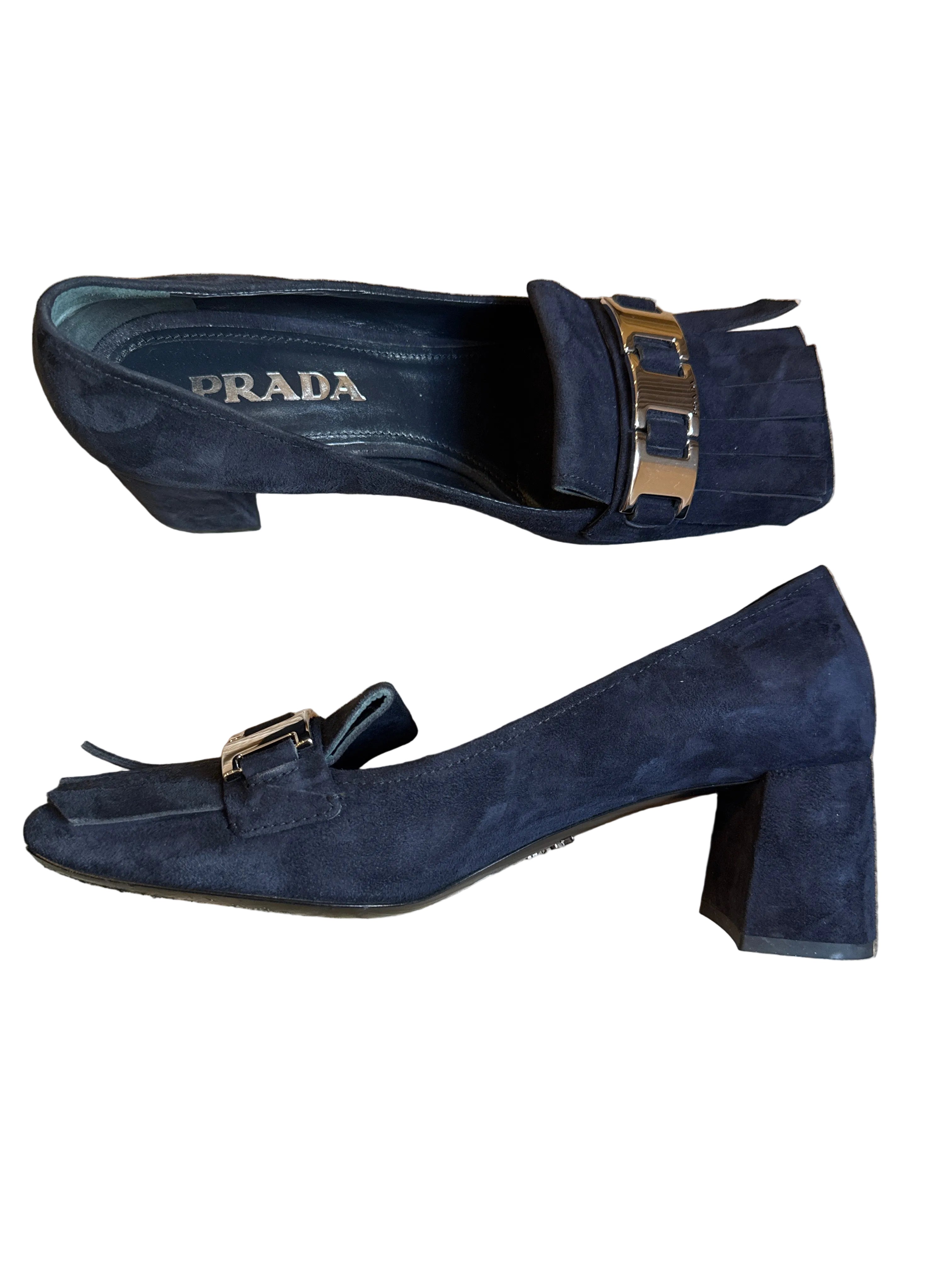 Prada Navy Suede Block Heel Fringe Loafer Size: 37