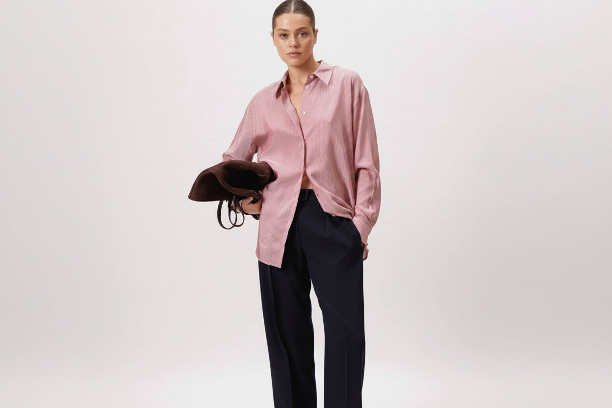 THE ROW Striped Silk Burgundy Shirt: M