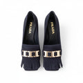 Prada Navy Suede Block Heel Fringe Loafer Size: 37