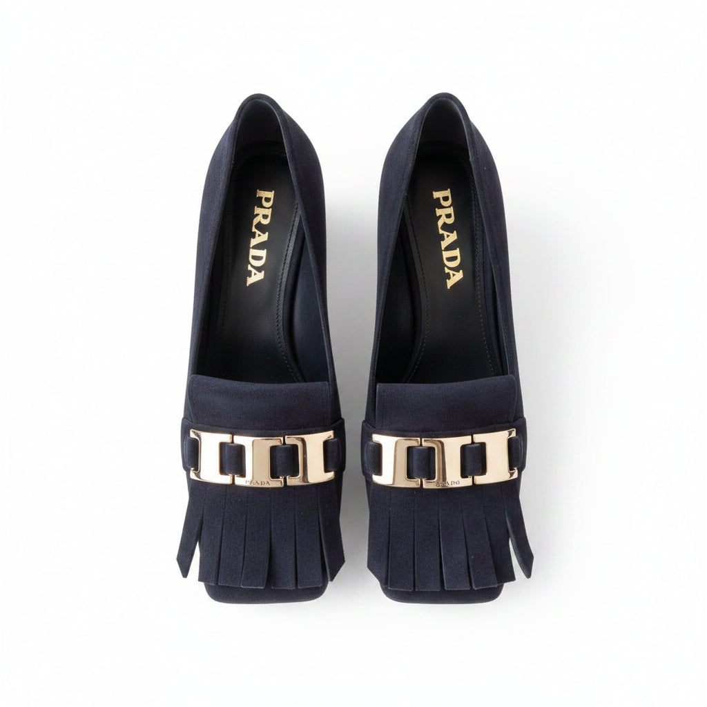 Prada Navy Suede Block Heel Fringe Loafer Size: 37
