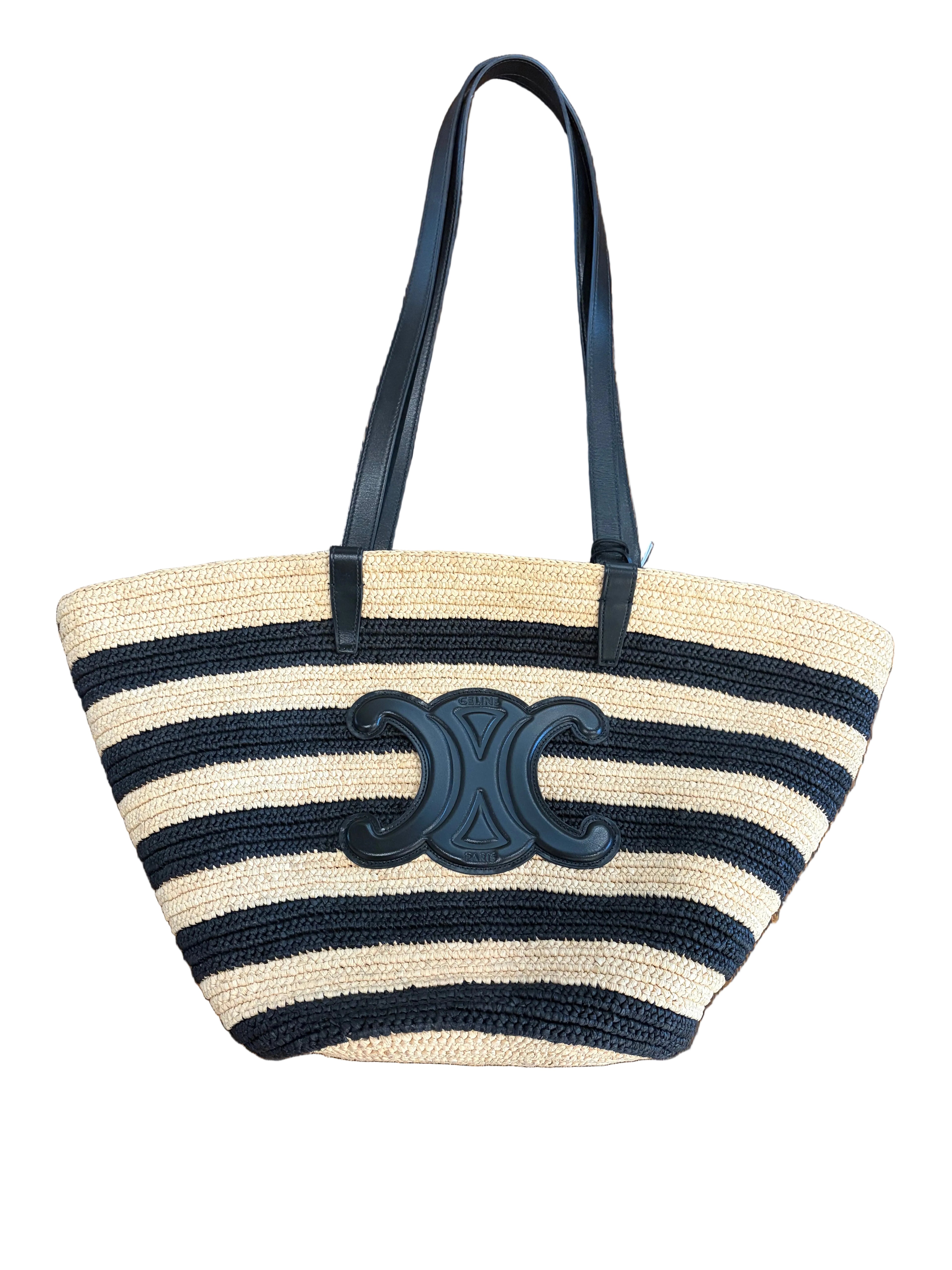Celine Couffin Striped Raffia & Calfskin Bag