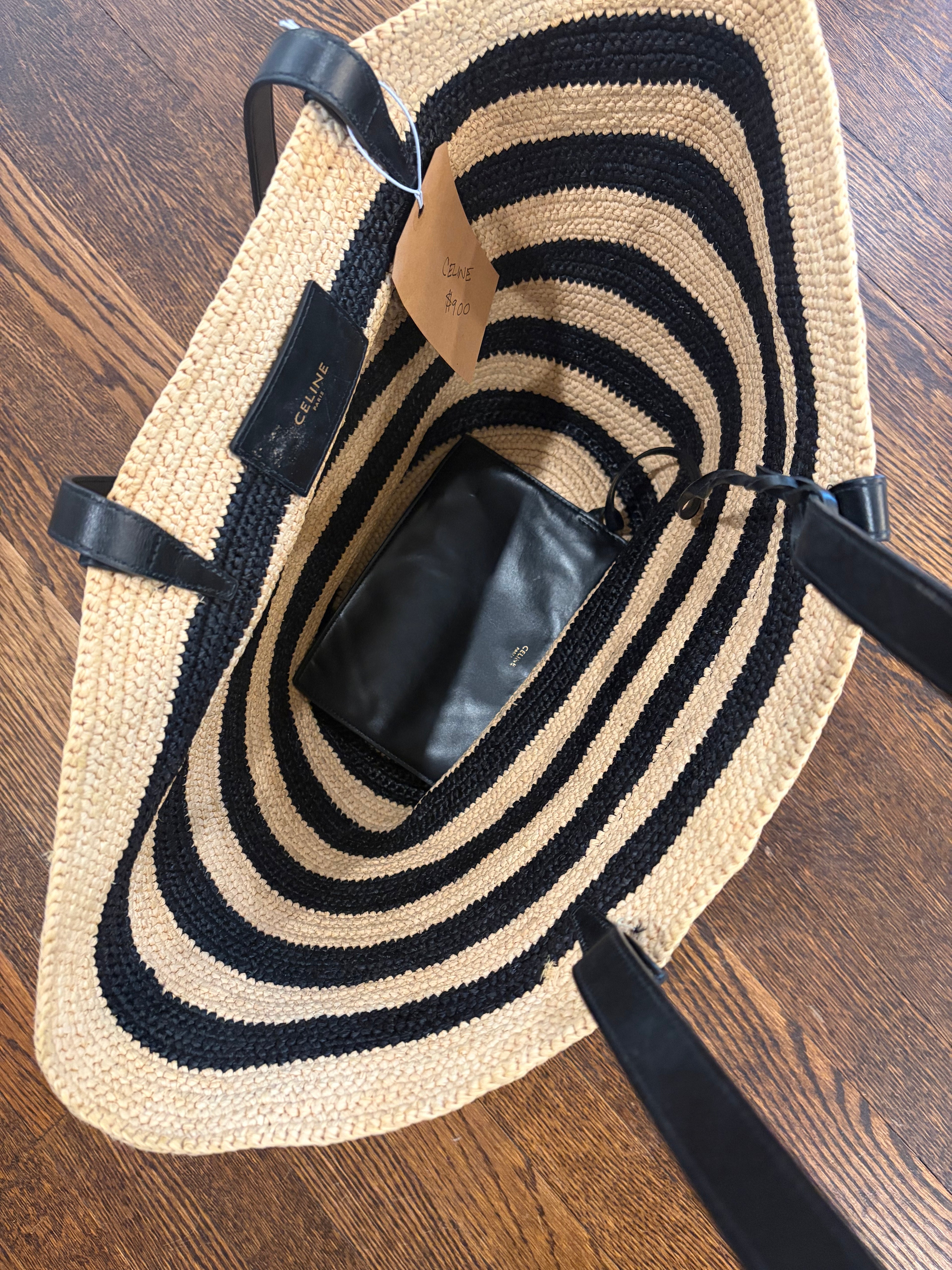 Celine Couffin Striped Raffia & Calfskin Bag