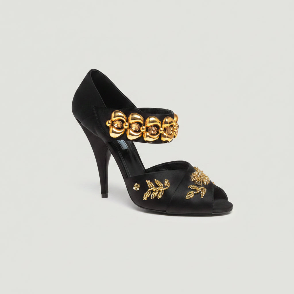 PRADA Black Satin Crystal Embellished Heels Size 36
