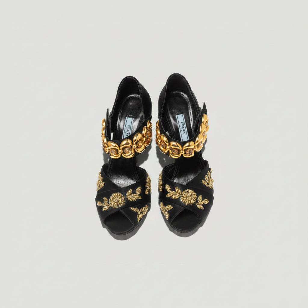 PRADA Black Satin Crystal Embellished Heels Size 36