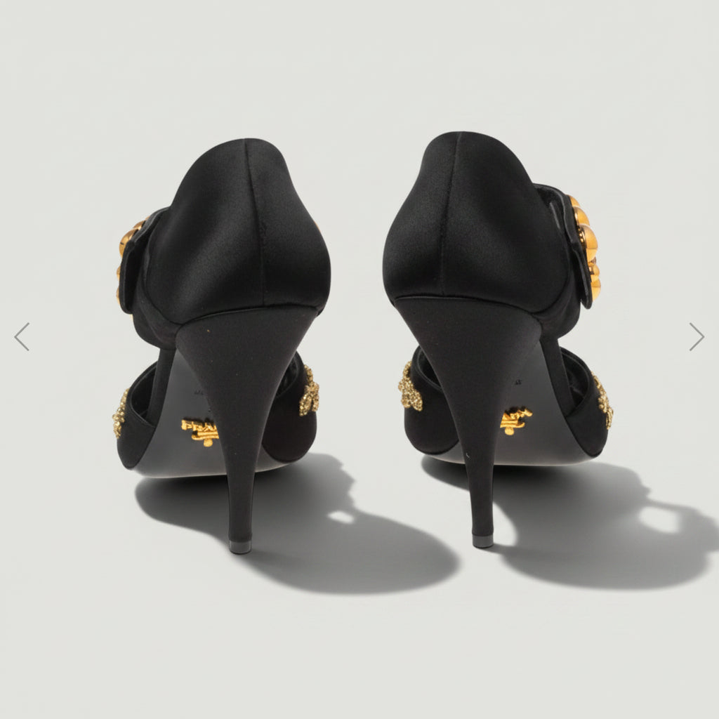 PRADA Black Satin Crystal Embellished Heels Size 36
