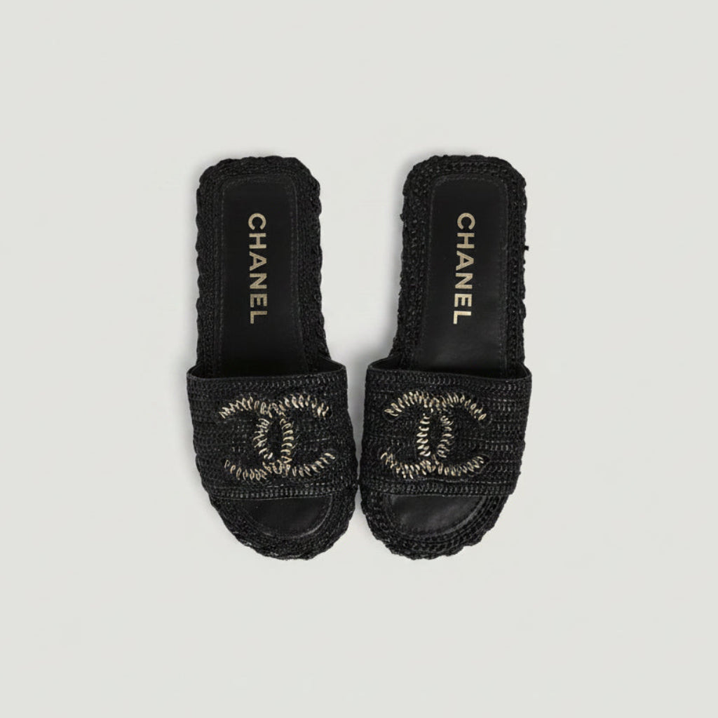 CHANEL Black Raffia CC Slides Size: 36