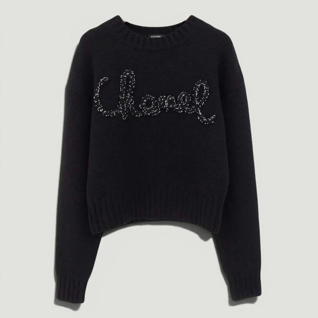 CHANEL Cashmere Beaded Logo Sweater SIZE S