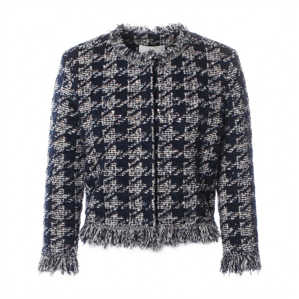 Oscar De La Renta Navy Sequin Houndstooth Crop Jacket SIZE MEDIUM