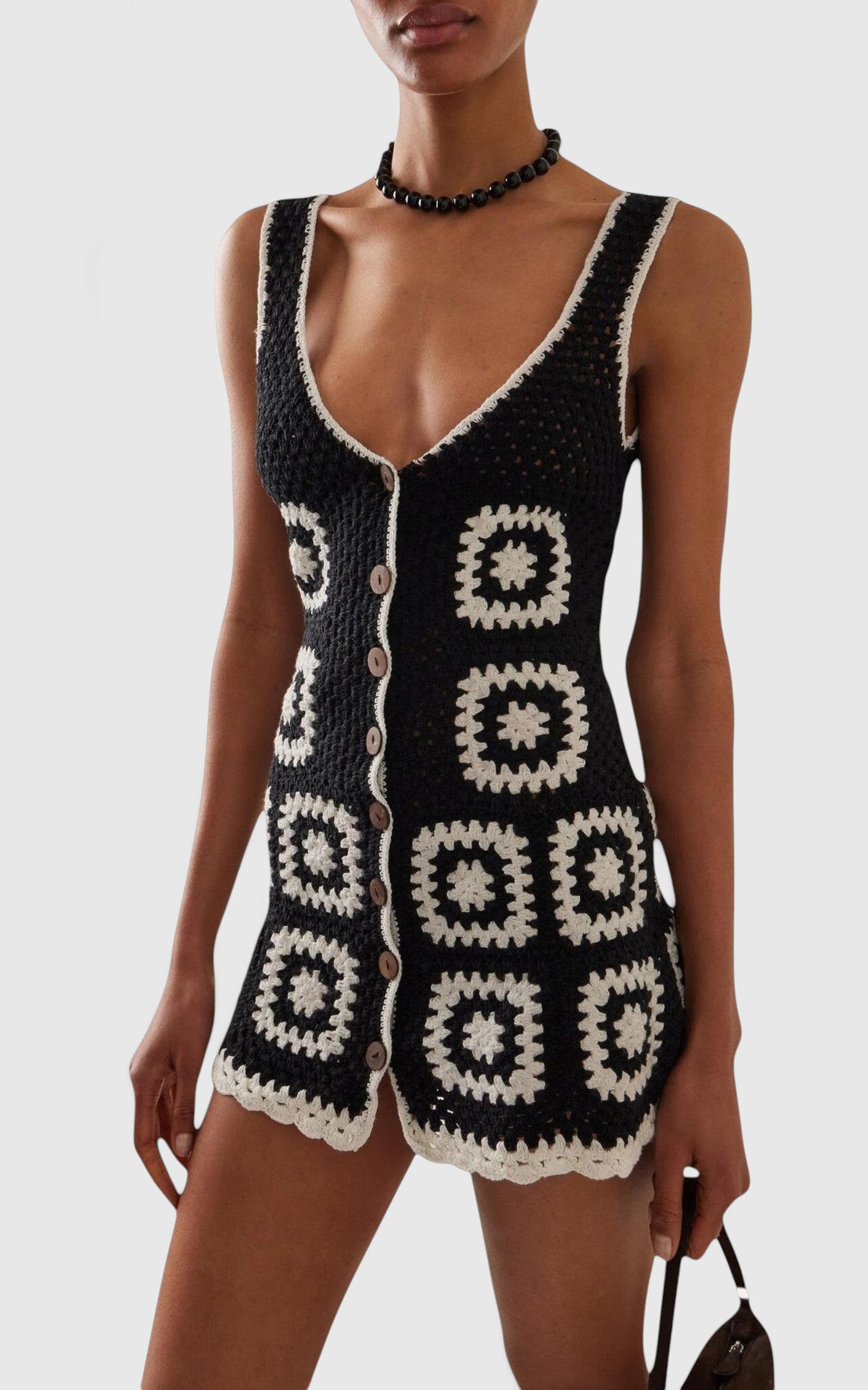 La Volta AKOIA SWIM black and white 100% cotton handmade crochet mini dress with button-front detail