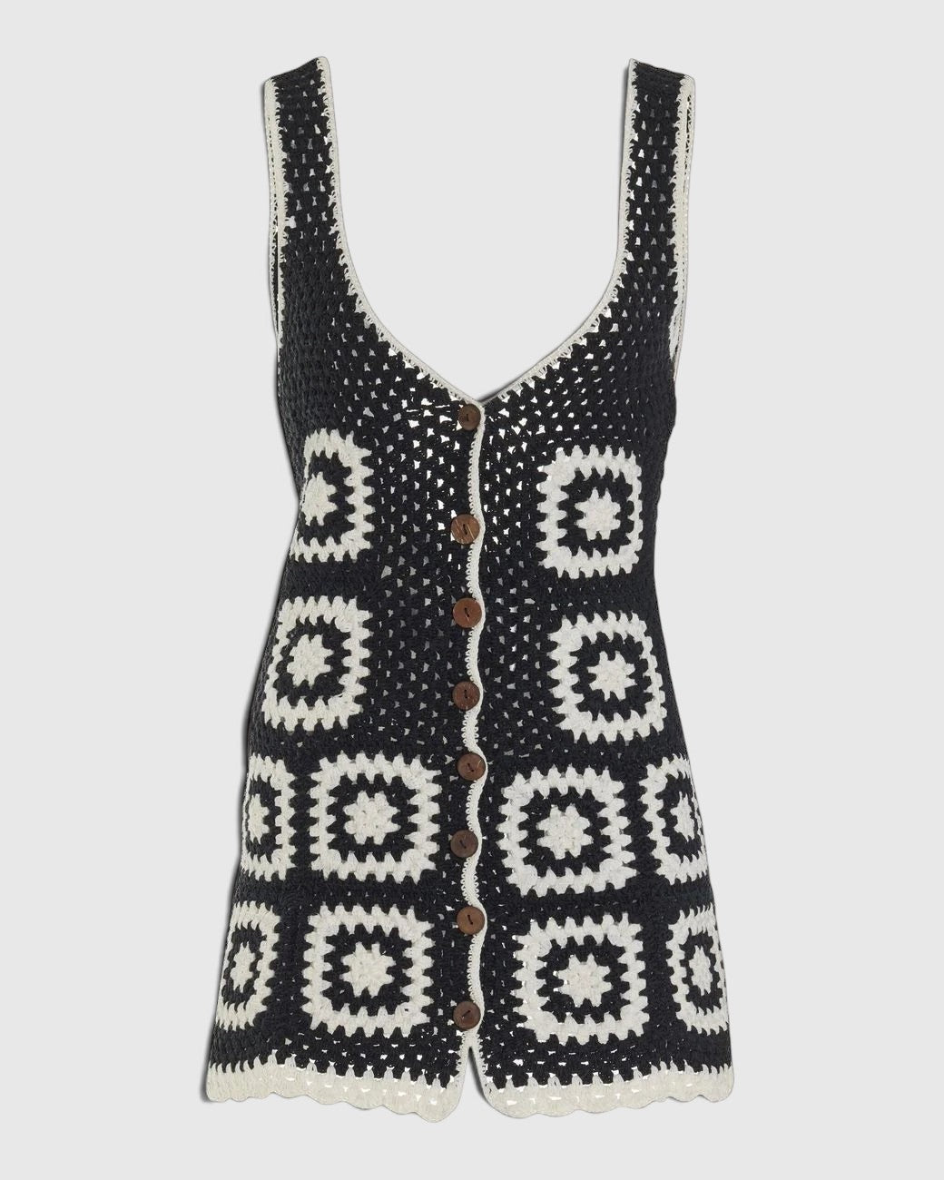 La Volta AKOIA SWIM black and white handmade cotton crochet mini dress with button-front closure