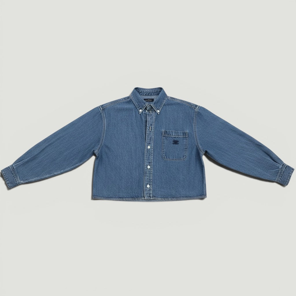 La Volta CELINE cropped denim shirt in union ocean wash with button-down collar and Triomphe chest embroidery.