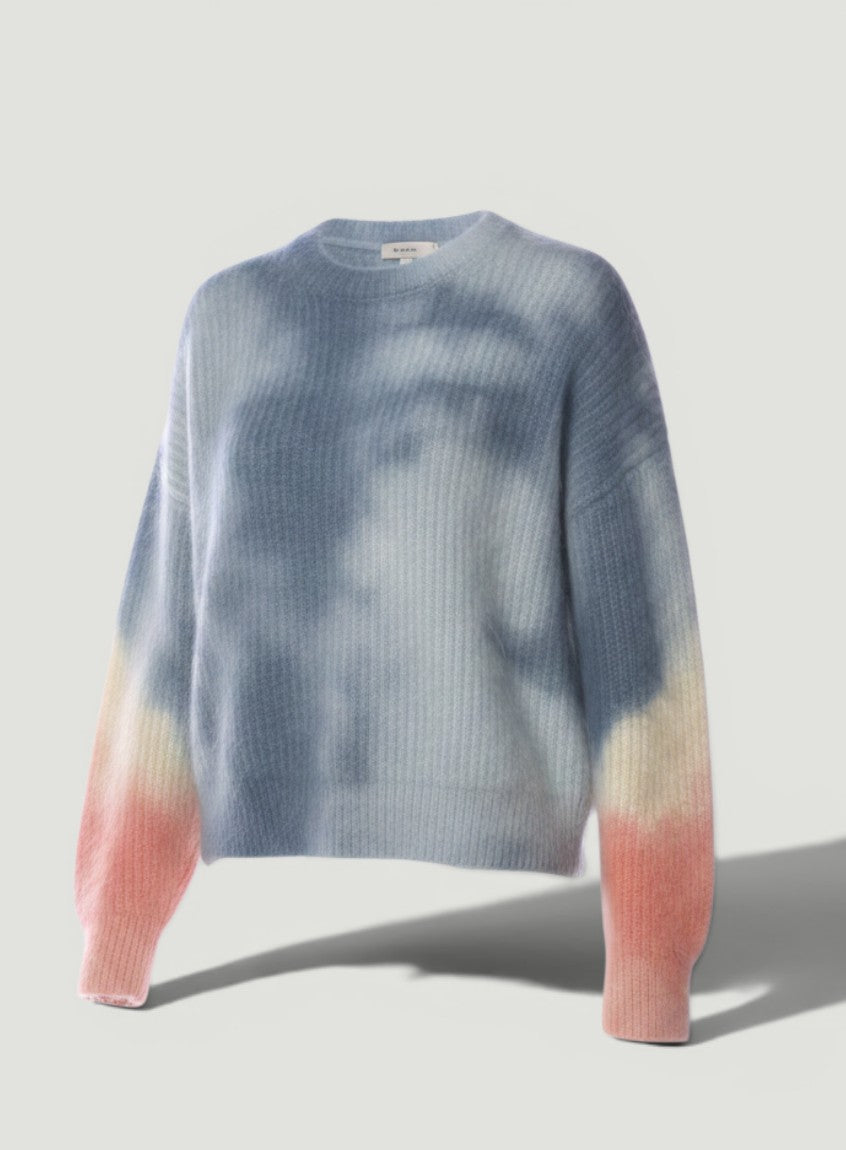 La Volta CELINE mohair sweater in blue and pink tie-dye print with long sleeves and a mock neck, size XS.