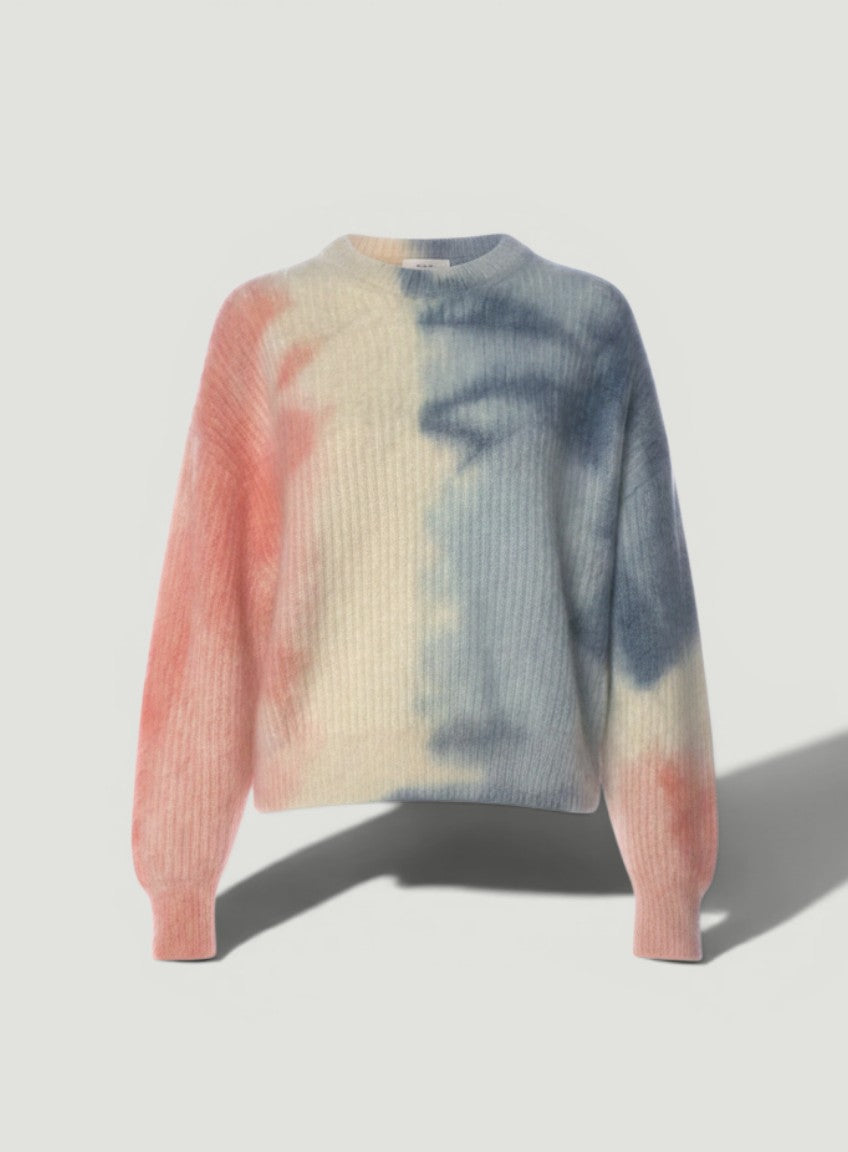 La Volta CELINE mohair cropped sweater in blue and pink tie-dye print with long sleeves and mock neck.