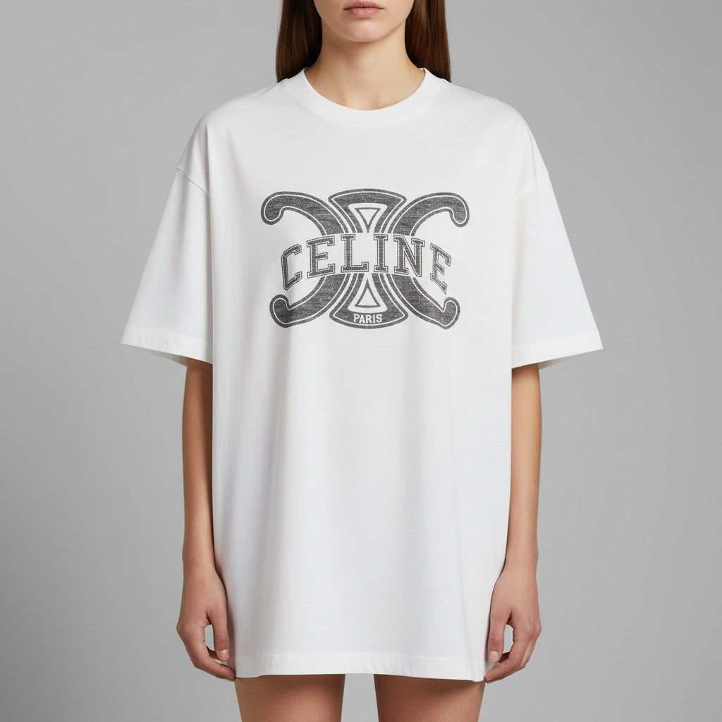 La Volta white CELINE cotton oversized t-shirt with grey Triomphe logo print and crew neck on a model