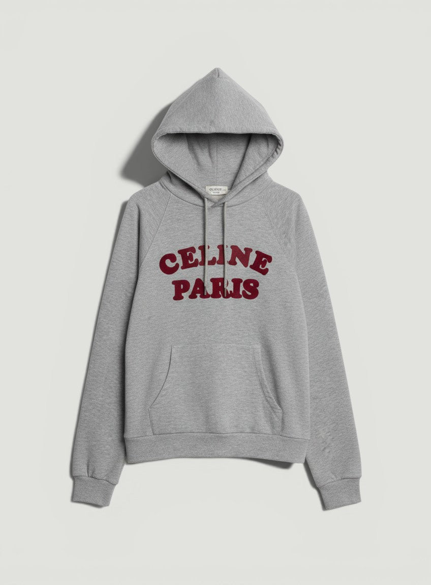 La Volta CELINE PARIS gray cotton-cashmere hoodie with burgundy logo print and front kangaroo pocket.
