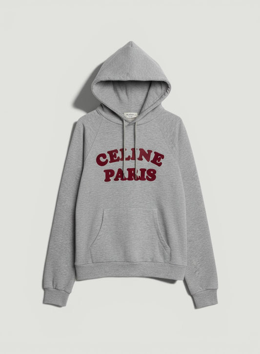 La Volta CELINE PARIS gray cotton-cashmere hoodie with burgundy logo print and front kangaroo pocket.
