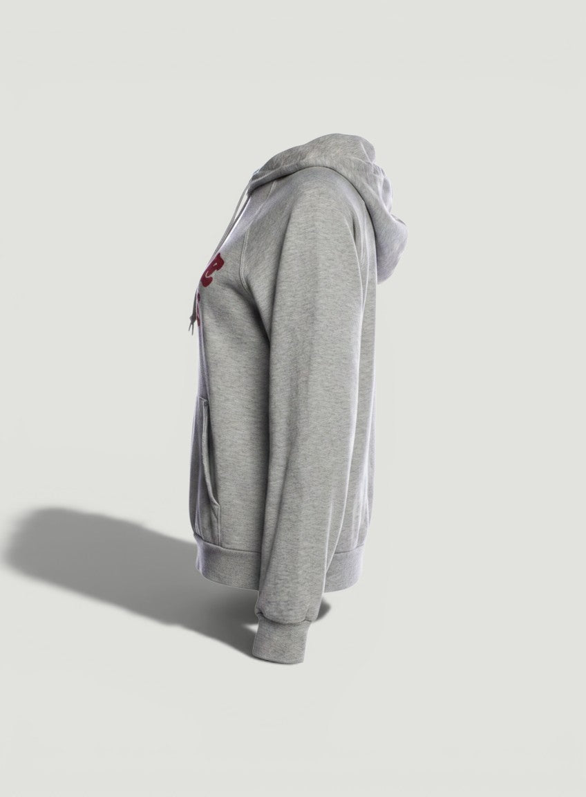 La Volta CELINE PARIS gray cotton-cashmere hoodie with red logo print and front sash-tie closure.