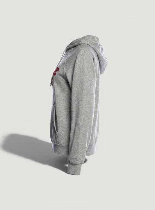 La Volta CELINE PARIS gray cotton-cashmere hoodie with red logo print and front sash-tie closure.