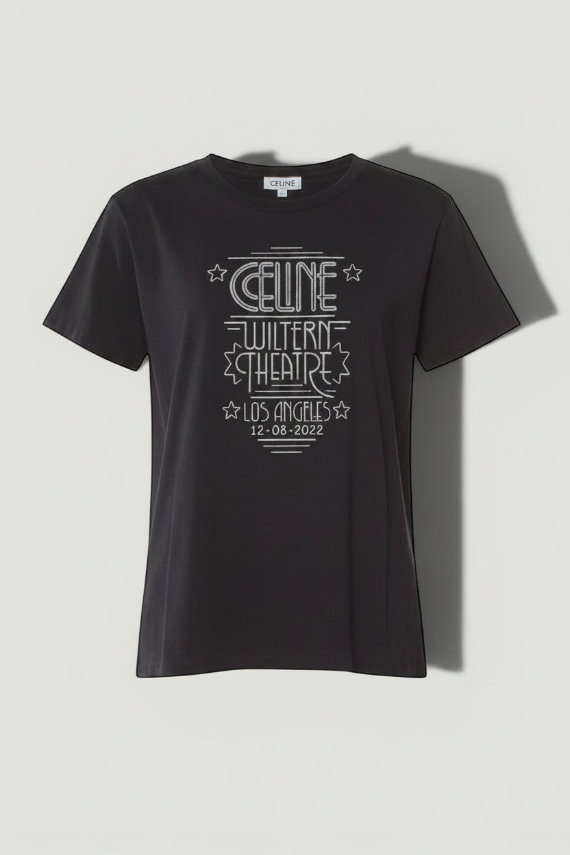 La Volta black 100% cotton CELINE Wiltern Theatre Los Angeles graphic crew neck t-shirt with ribbed collar.