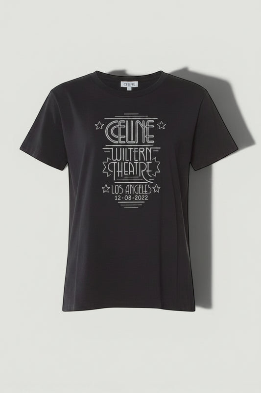 La Volta black 100% cotton CELINE Wiltern Theatre Los Angeles graphic crew neck t-shirt with ribbed collar.