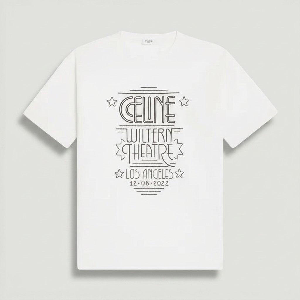 La Volta white 100% cotton CELINE Wiltern Theatre Los Angeles graphic crew neck t-shirt with ribbed collar