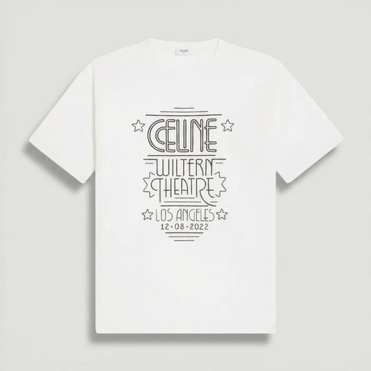 La Volta white 100% cotton CELINE Wiltern Theatre Los Angeles graphic crew neck t-shirt with ribbed collar