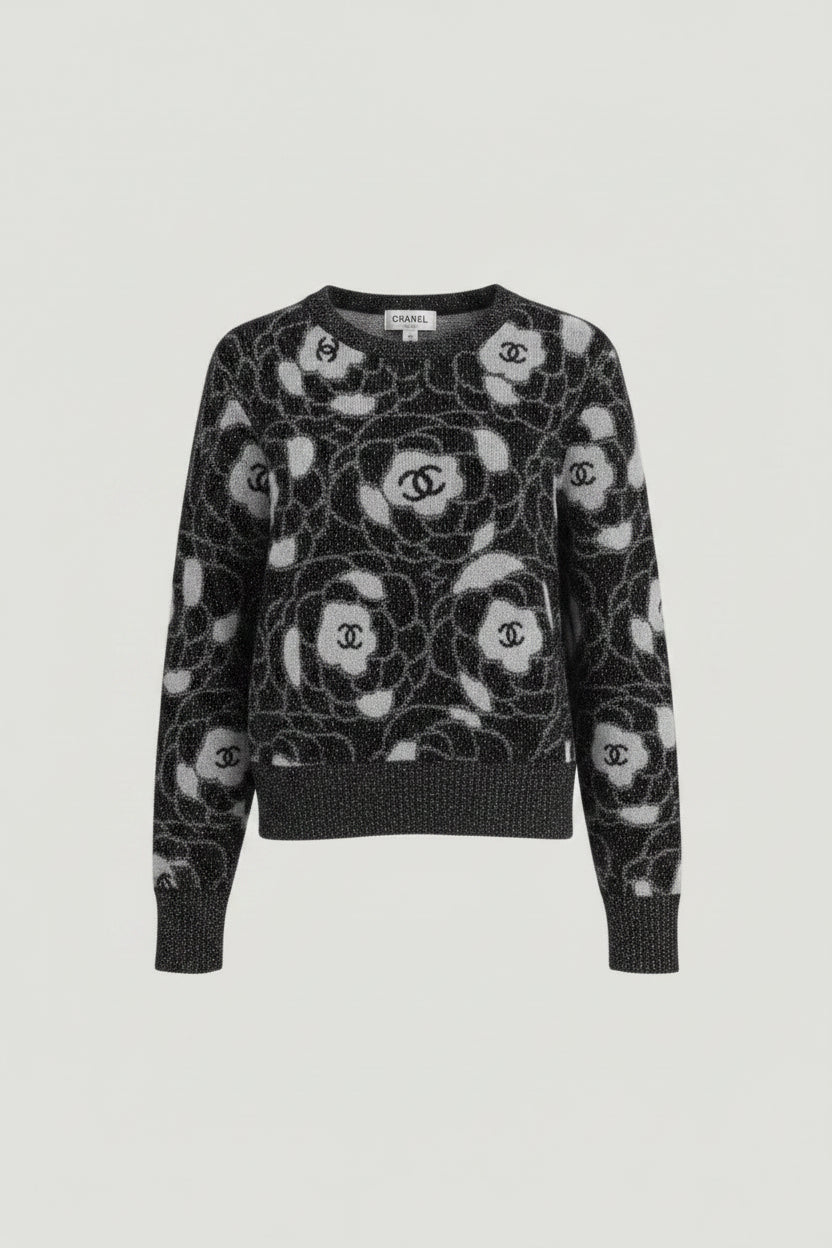 La Volta CHANEL black and silver knit pullover sweater with camelia floral print and CC logo, size S.