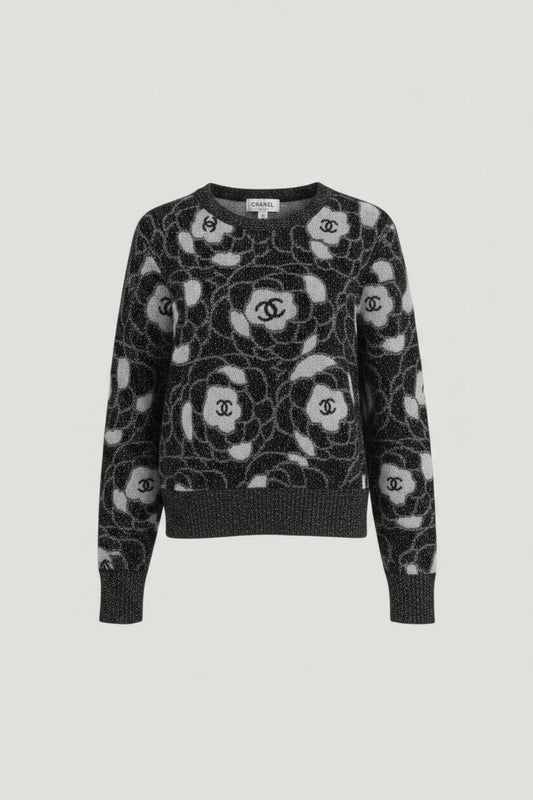 La Volta CHANEL black and silver knit pullover sweater with camelia floral print and CC logo, size S.