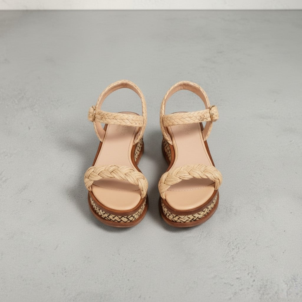 La Volta Gabriela Hearst braided raffia platform sandals with leather ankle buckle strap in beige.