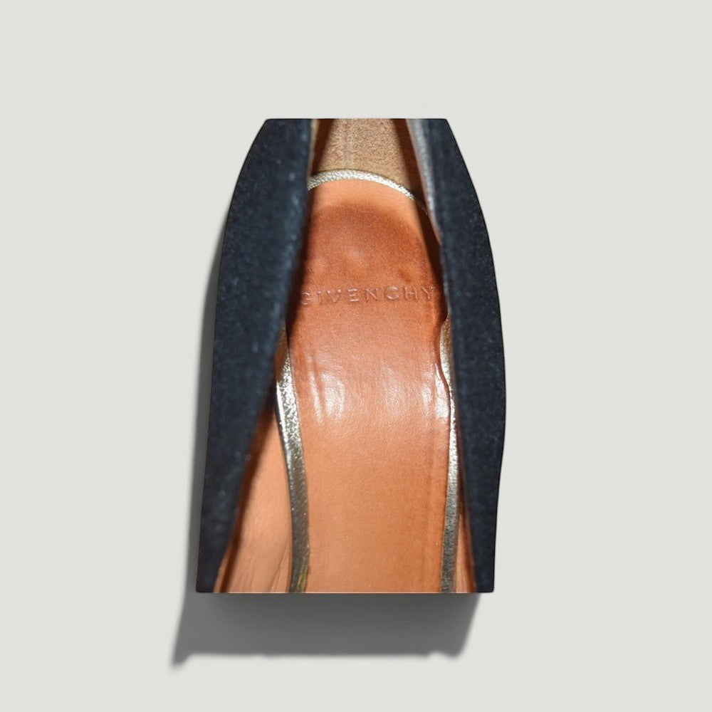 La Volta Givenchy black wool-covered leather pumps with gold cap toe and silver mesh detail, size 36.5.