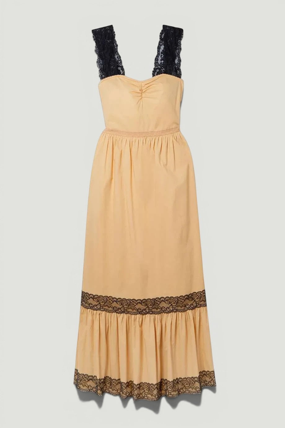 La Volta GUCCI sleeveless beige cotton maxi dress with black lace trim on straps and hem, sweetheart neckline.