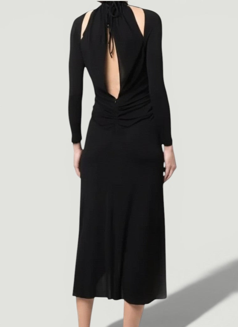 La Volta Isabel Marant black midi dress with long sleeves, halterneck tie, and open back cut-out detail