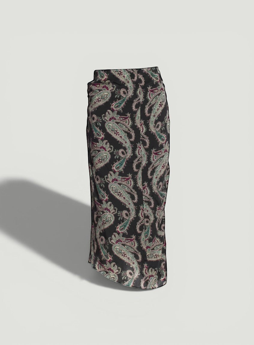 La Volta Isabel Marant black silk midi skirt featuring a colourful paisley print and side zip closure.