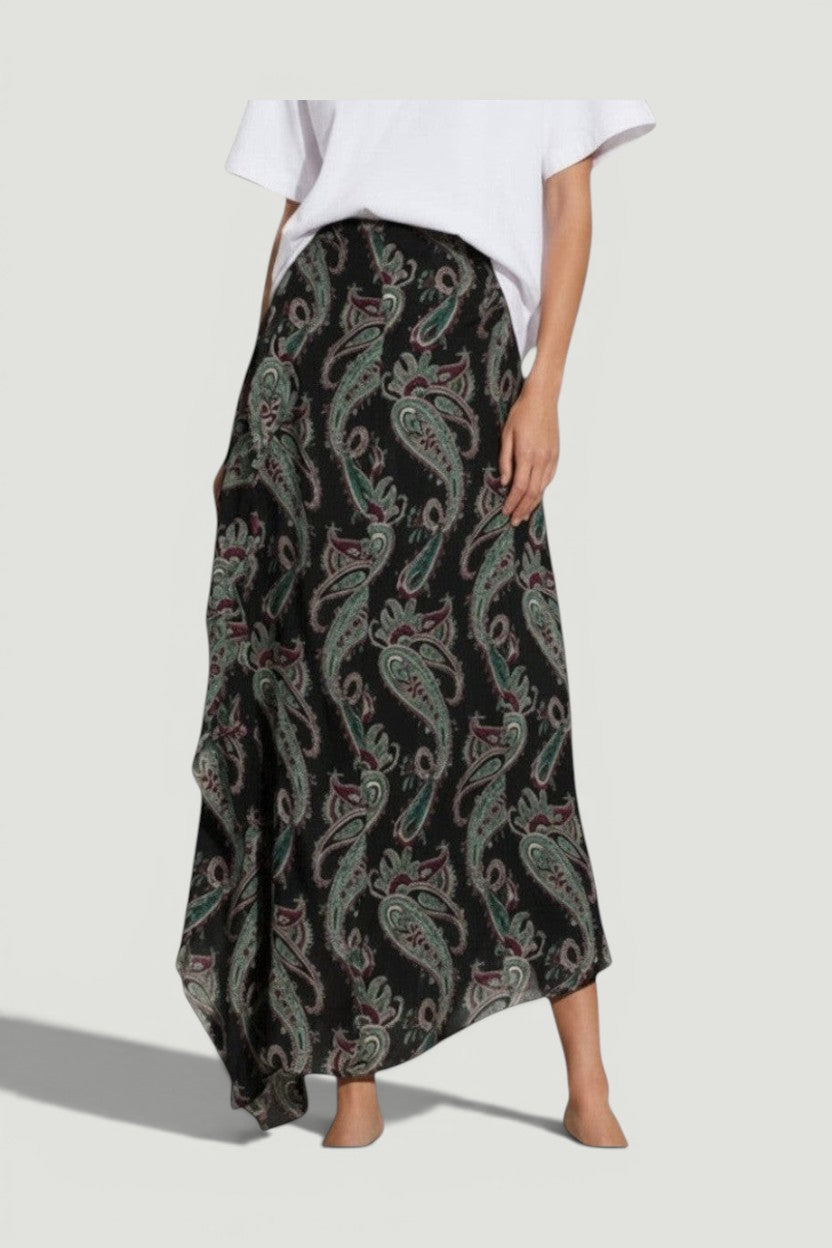 La Volta Isabel Marant silk midi skirt featuring a black paisley print with green and purple accents