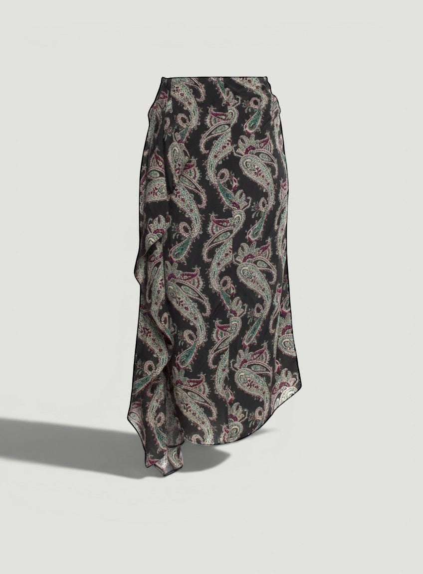 La Volta Isabel Marant black silk skirt featuring a colourful paisley print and side zip closure