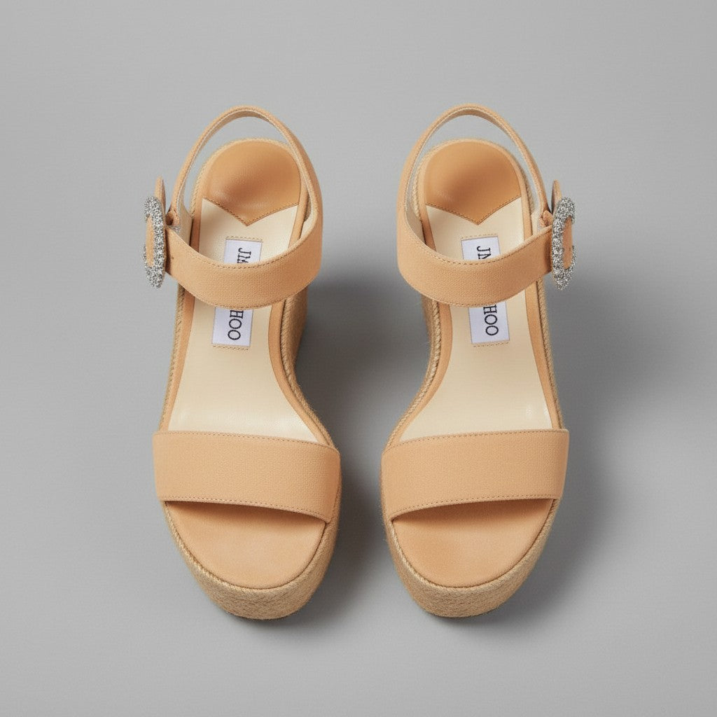La Volta Jimmy Choo Mirabelle tan suede espadrille wedges with crystal buckle and braided rope platform