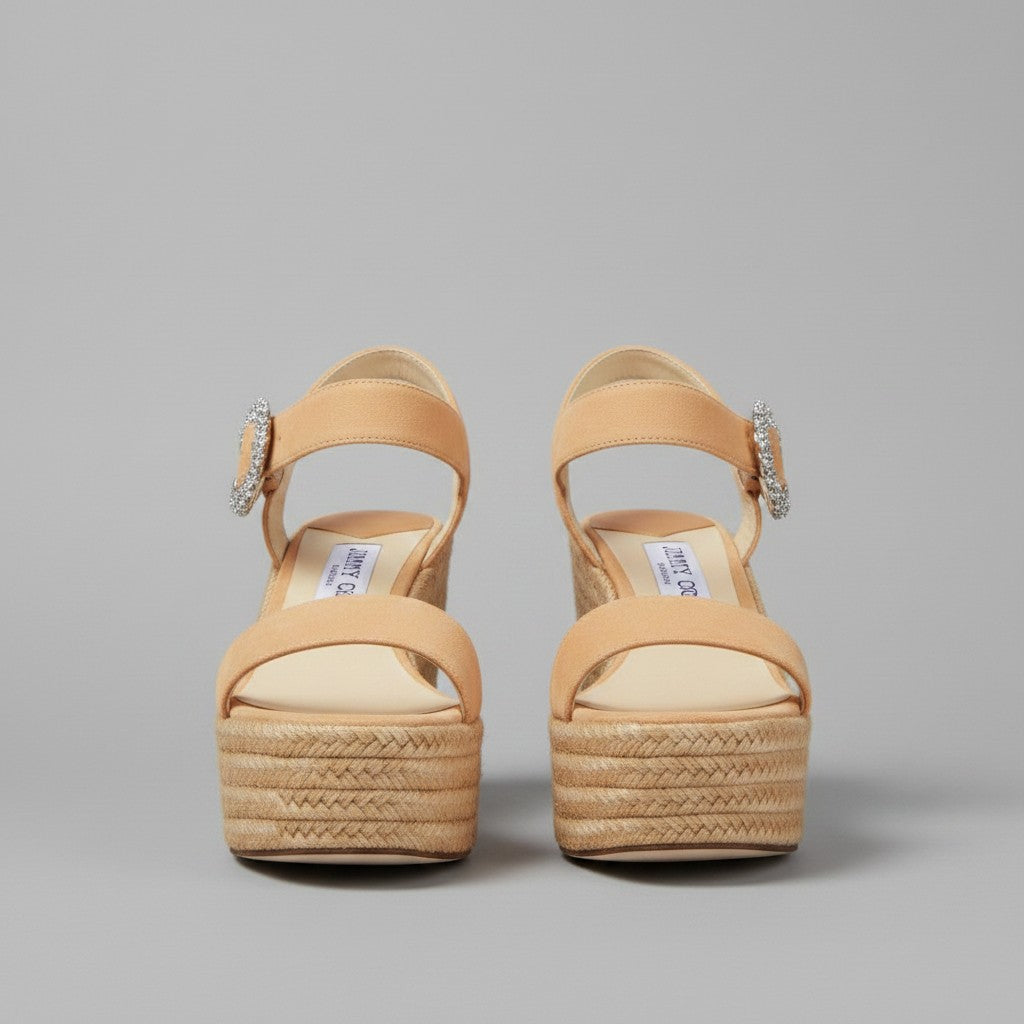 La Volta Jimmy Choo Mirabelle tan suede espadrille wedges with crystal-embellished ankle straps and braided rope soles.